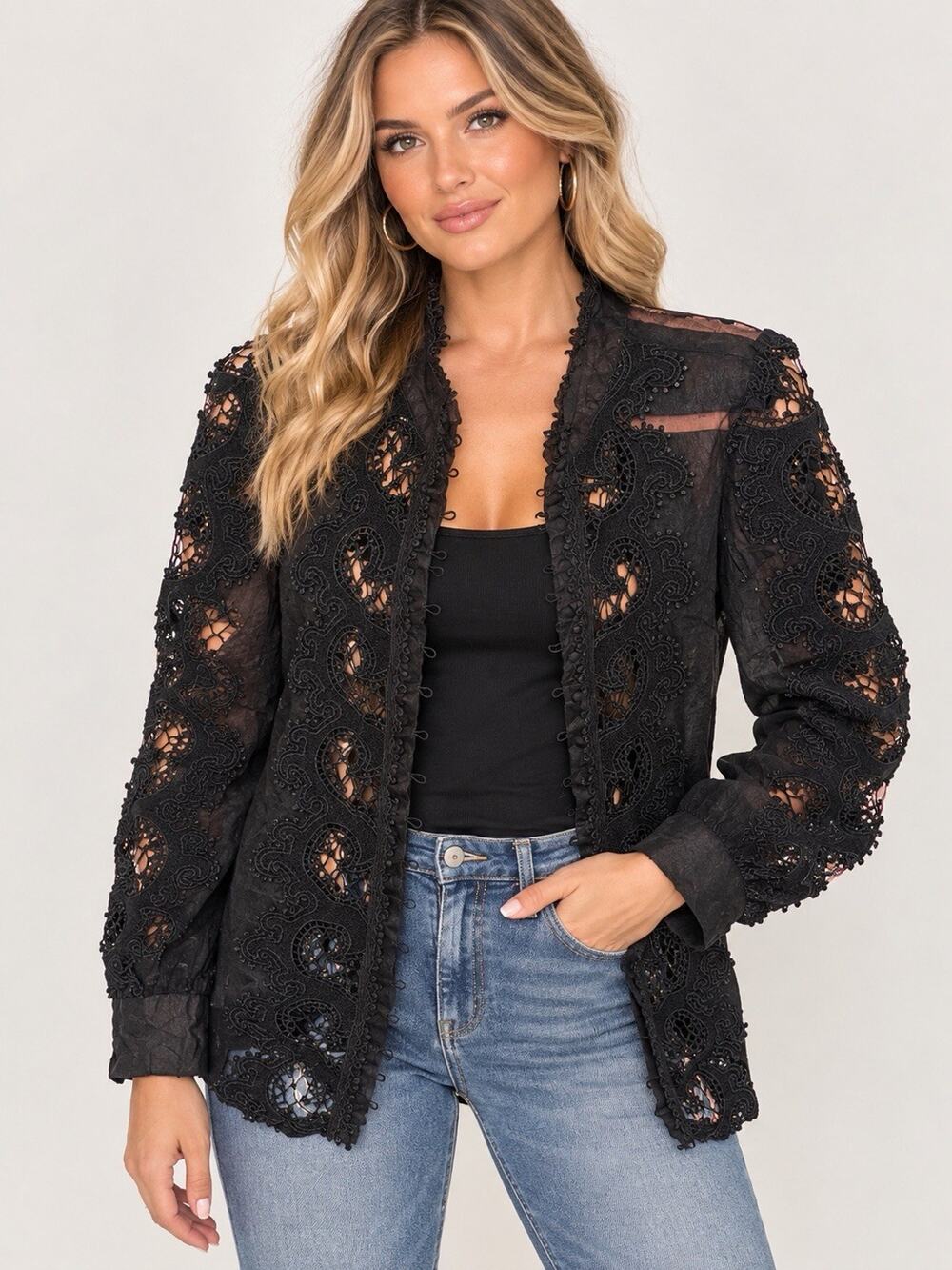 NEW WOMENS Boston Proper Black Lace Embroidered Sheer MEDIUM (AM22)